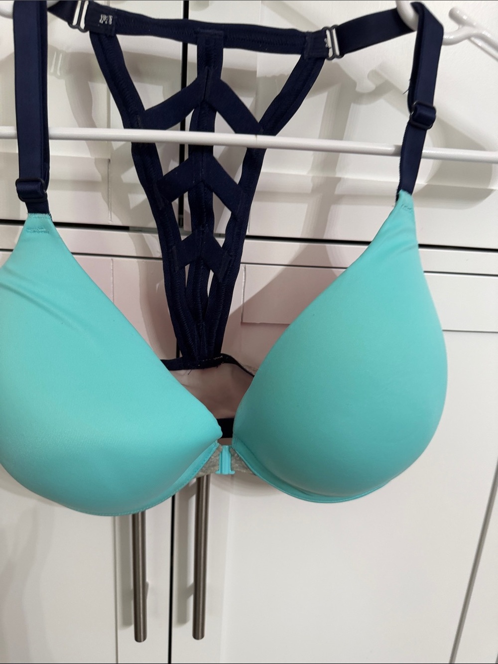 Victoria’s Secret Seafoam Aqua Push-Up Bra with Navy Strappy Back